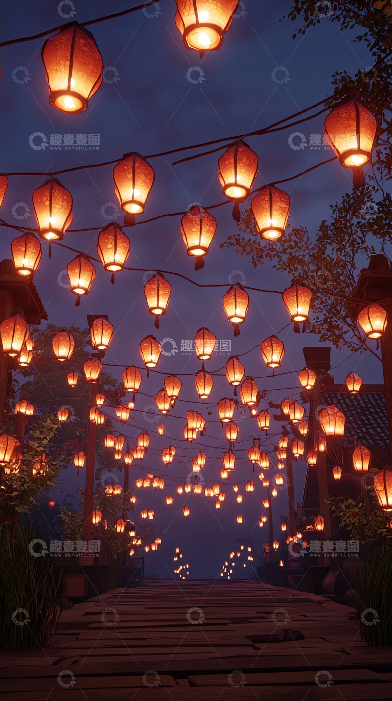 高清大图下载【趣麦麦图】夜幕下灯笼点缀的木桥