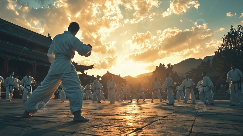 高清大图下载【趣麦麦图】日落背景下空手道训练