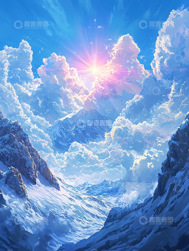 高清大图下载【趣麦麦图】雪山之上阳光穿透云层