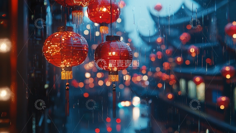 高清大图下载【趣麦麦图】雨中红灯笼