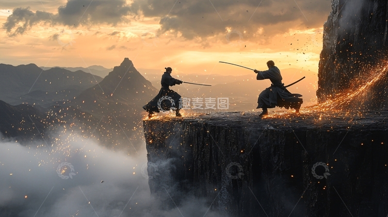 高清大图下载【趣麦麦图】日落山崖武士决斗