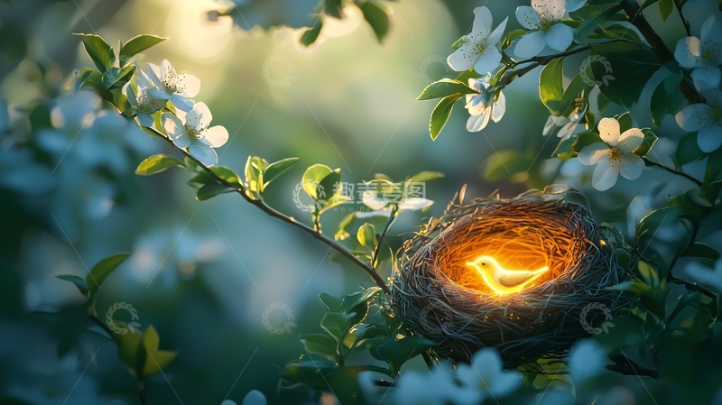高清大图下载【趣麦麦图】鸟巢发光的小鸟