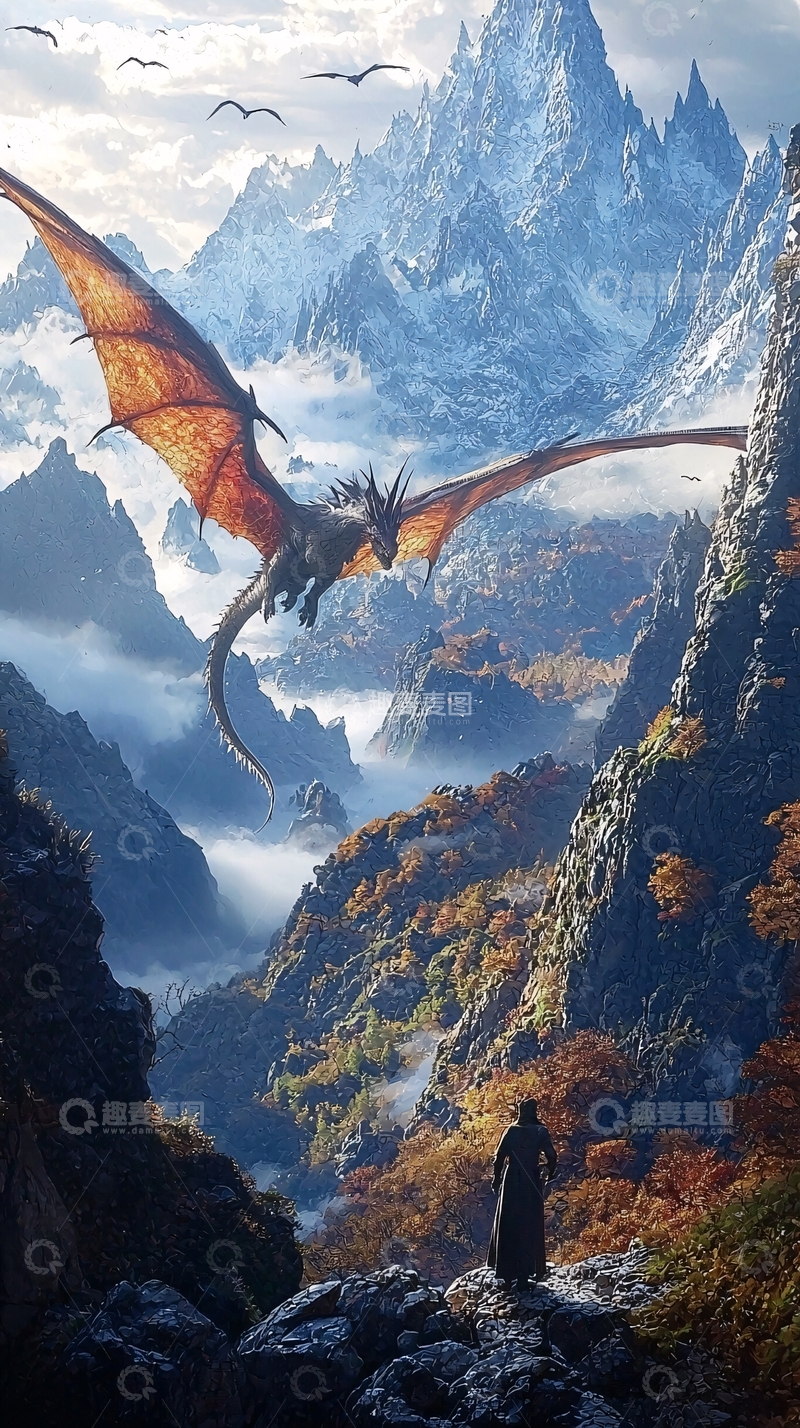 高清大图下载【趣麦麦图】巨龙飞翔于山谷之上