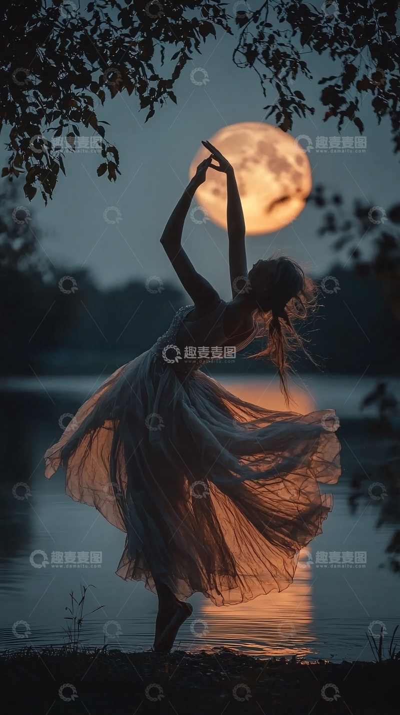 高清大图下载【趣麦麦图】月光下跳舞的女子