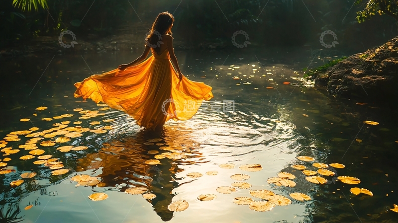 高清大图下载【趣麦麦图】黄裙女子水中漫步