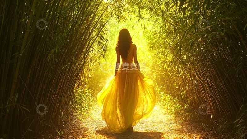 高清大图下载【趣麦麦图】黄裙女子竹林光影