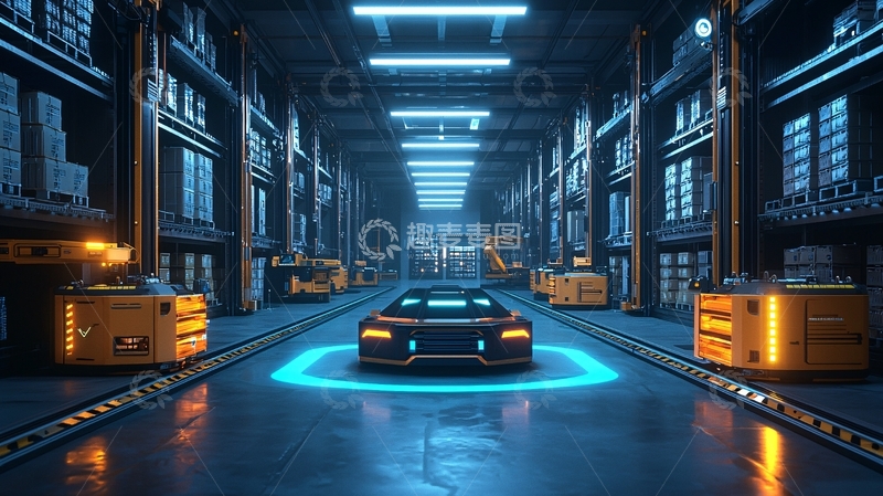 高清大图下载【趣麦麦图】未来感仓库中的自动驾驶汽车