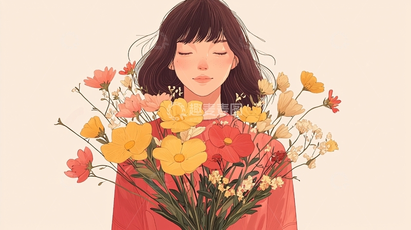 高清大图下载【趣麦麦图】女孩捧着鲜花