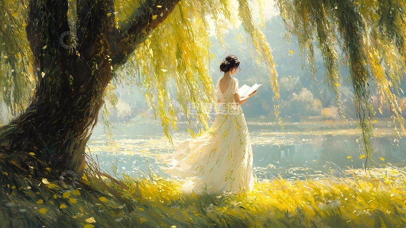 高清大图下载【趣麦麦图】垂柳下看书的女子