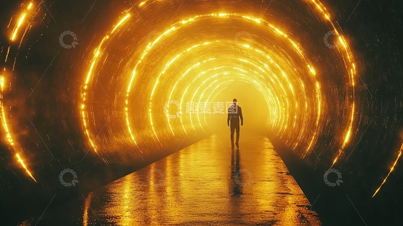 高清大图下载【趣麦麦图】金色光芒隧道中的身影