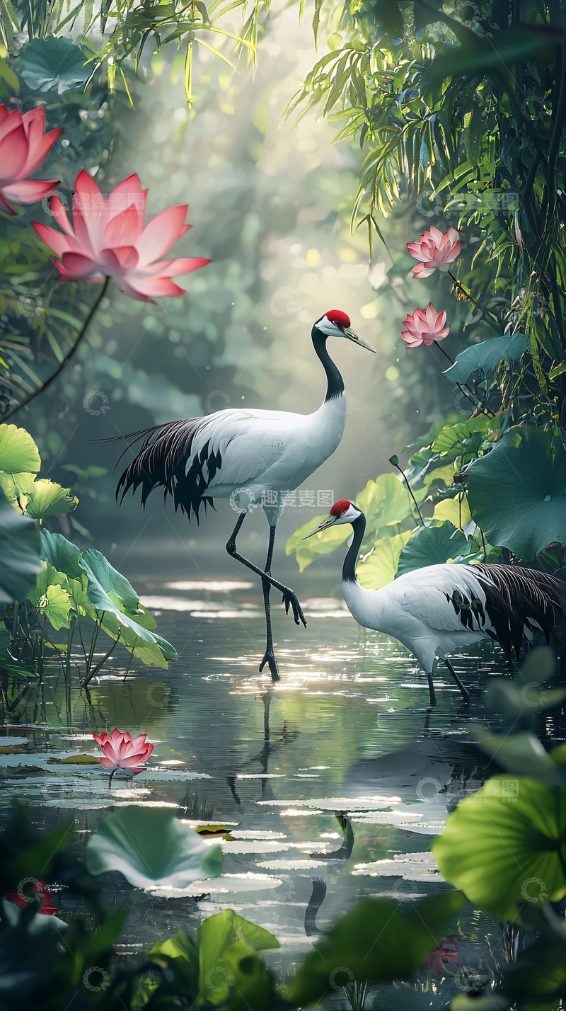 高清大图下载【趣麦麦图】仙鹤荷花水墨画