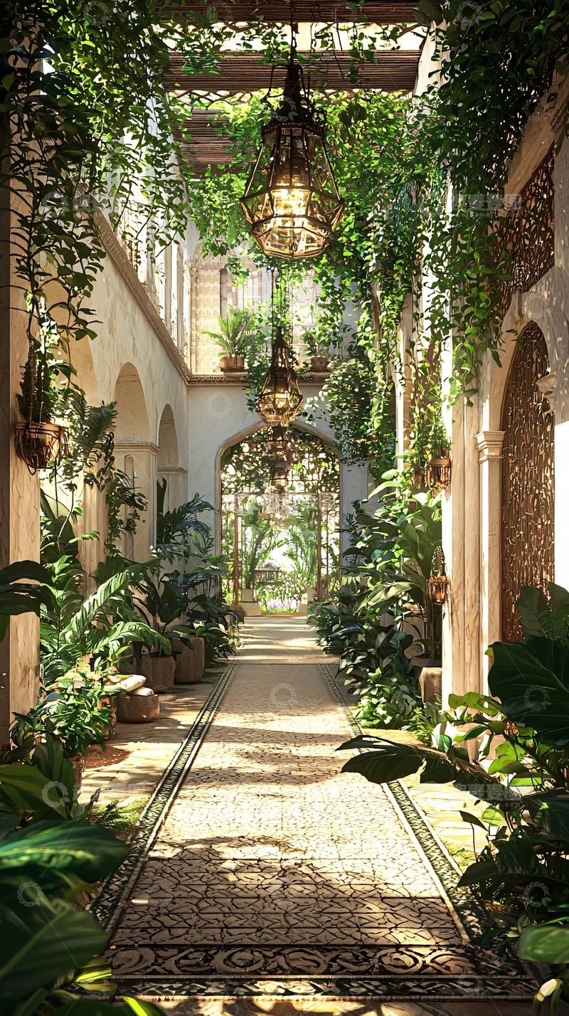 高清大图下载【趣麦麦图】绿植环绕的庭院长廊