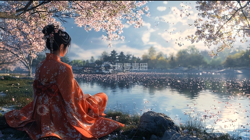 高清大图下载【趣麦麦图】樱花树下和服女子