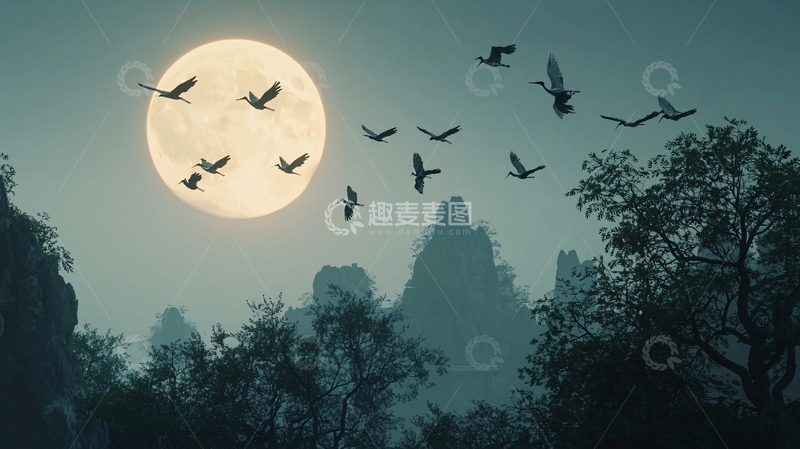 高清大图下载【趣麦麦图】月夜飞鸟山峦剪影