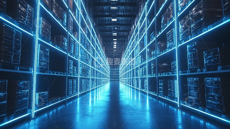 高清大图下载【趣麦麦图】蓝色灯光仓库货架