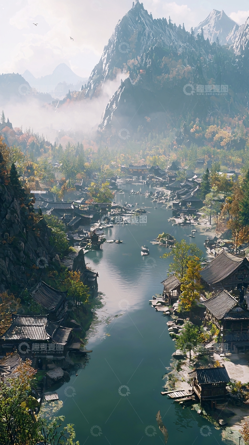 高清大图下载【趣麦麦图】雾气缭绕的山谷村庄