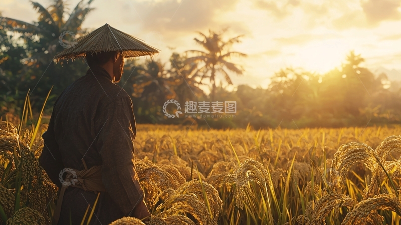 高清大图下载【趣麦麦图】夕阳下稻田里劳作的农民