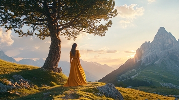 黄裙女子山峦夕阳