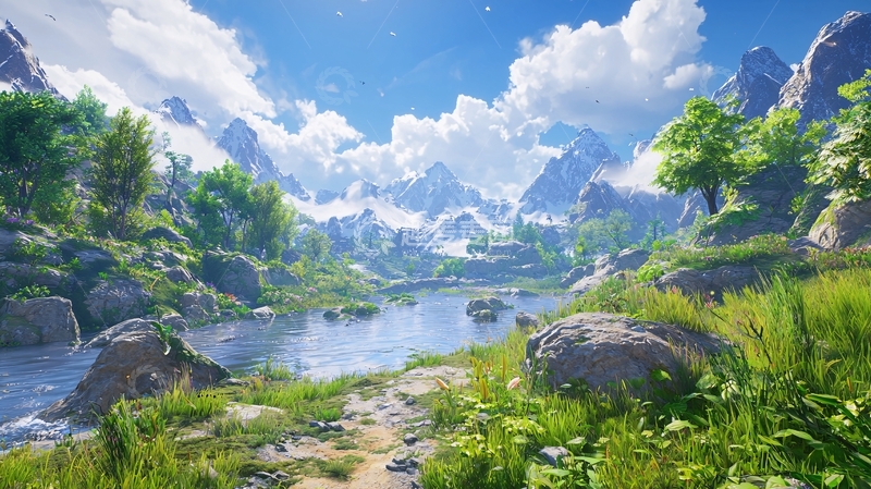 高清大图下载【趣麦麦图】阳光明媚的山谷河流