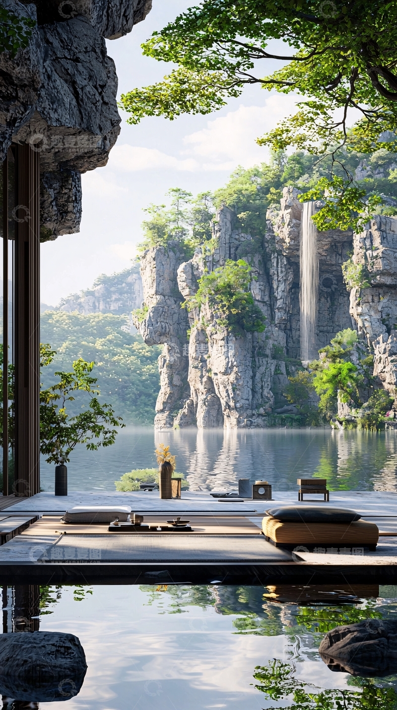 高清大图下载【趣麦麦图】山崖瀑布湖泊庭院