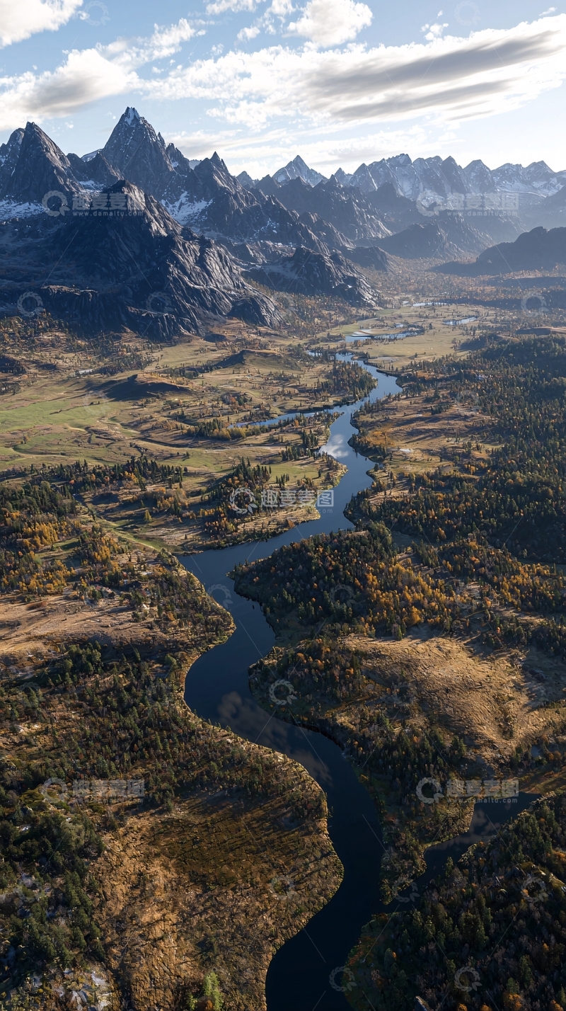 高清大图下载【趣麦麦图】高空俯瞰蜿蜒河流与山脉