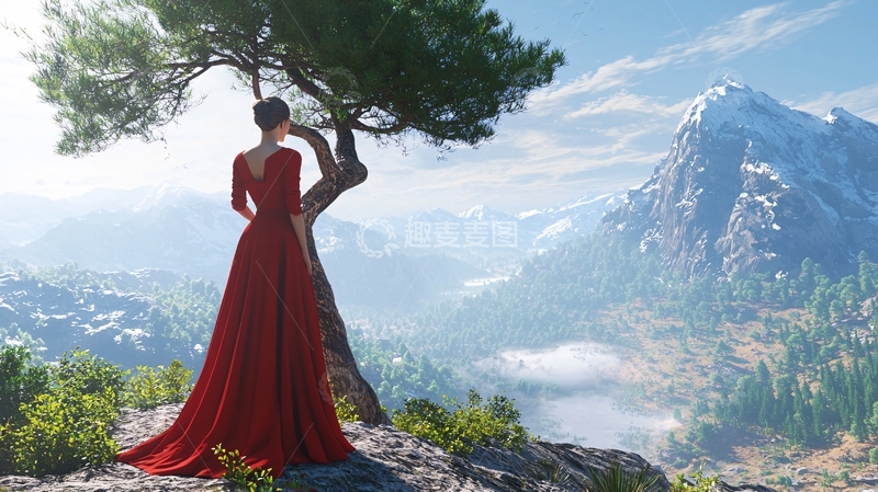 高清大图下载【趣麦麦图】红裙女子远眺雪山