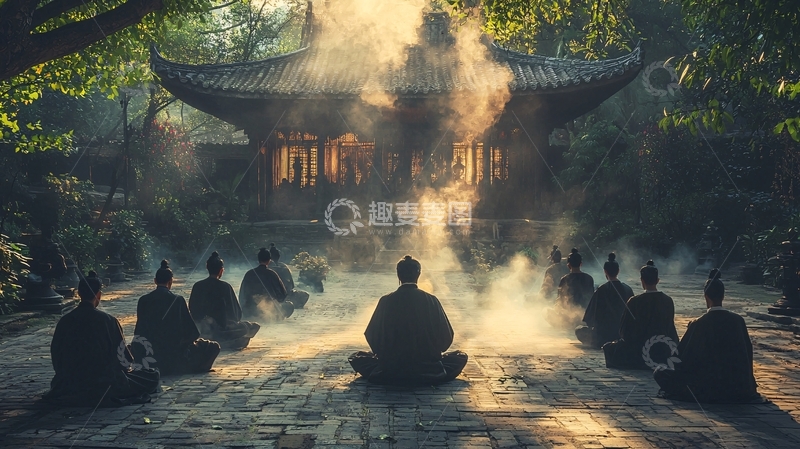 高清大图下载【趣麦麦图】清晨古寺僧人打坐