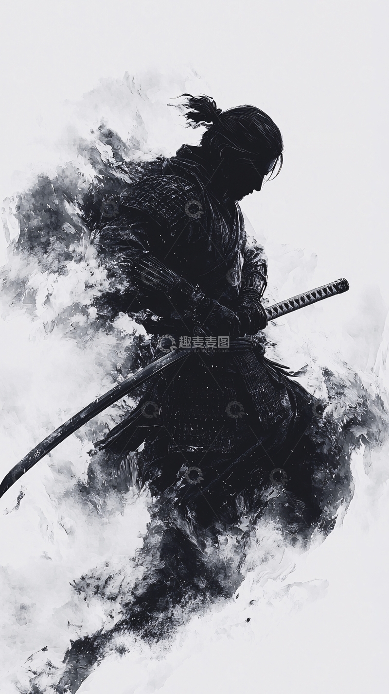 高清大图下载【趣麦麦图】黑白色武士水墨画