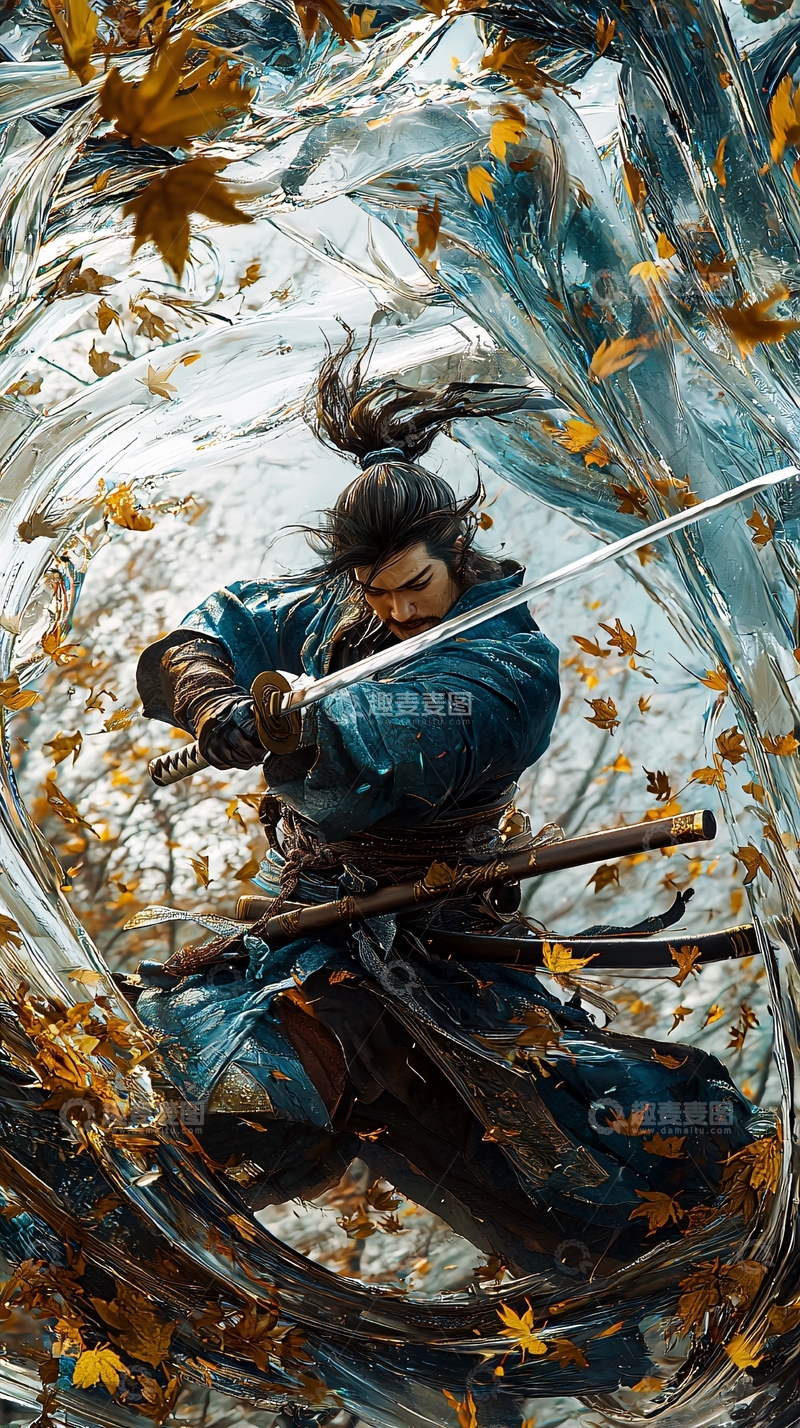 高清大图下载【趣麦麦图】秋叶飞舞武士挥剑