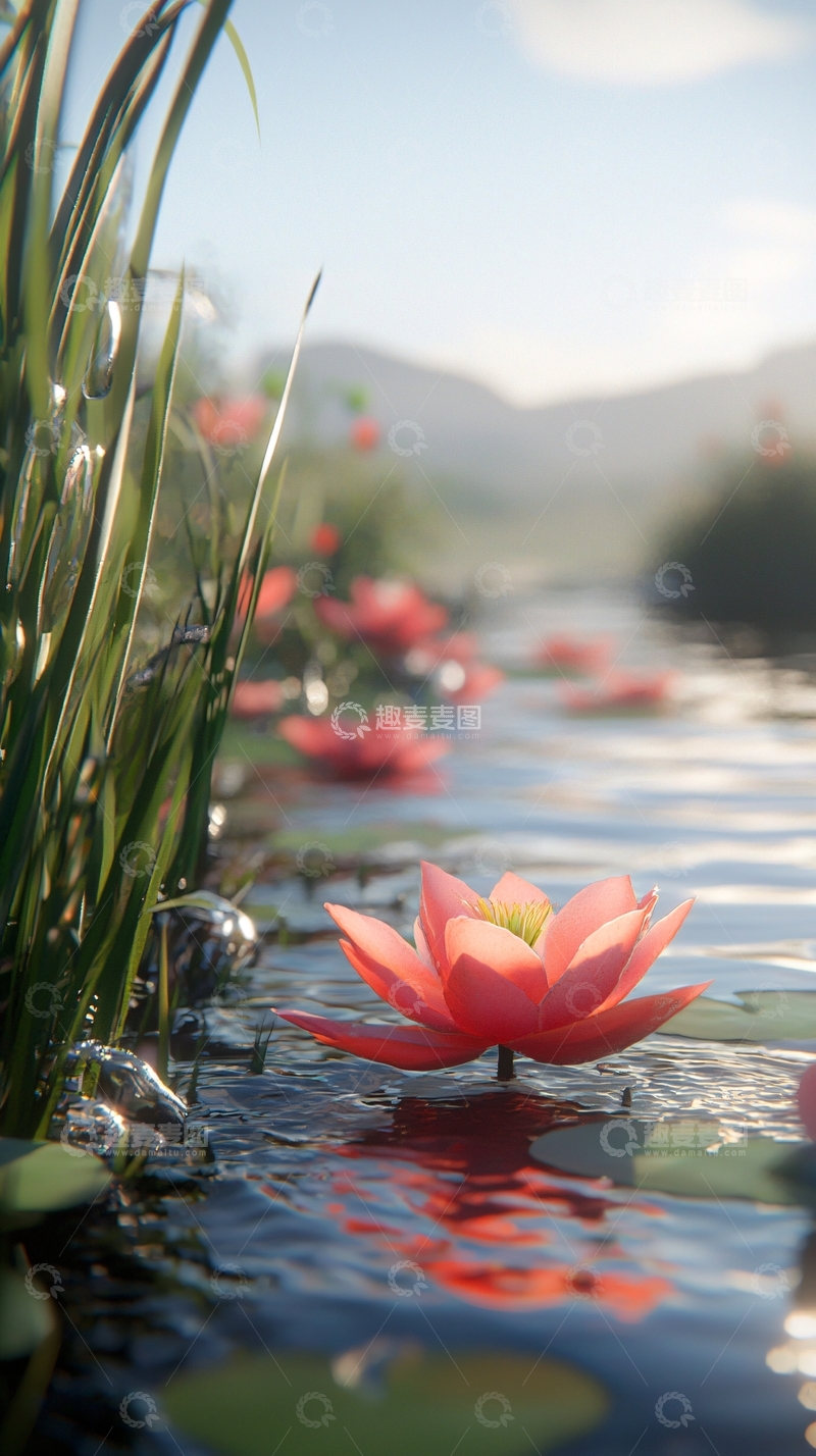 高清大图下载【趣麦麦图】溪流旁盛开的粉色莲花