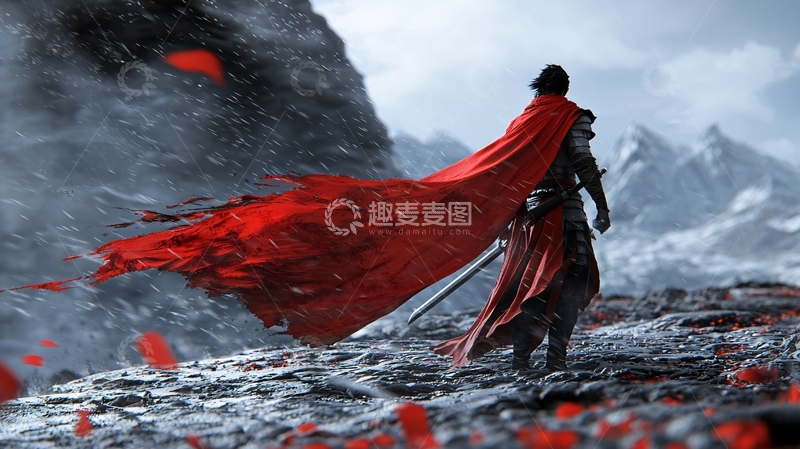 高清大图下载【趣麦麦图】红披风骑士雪山背景