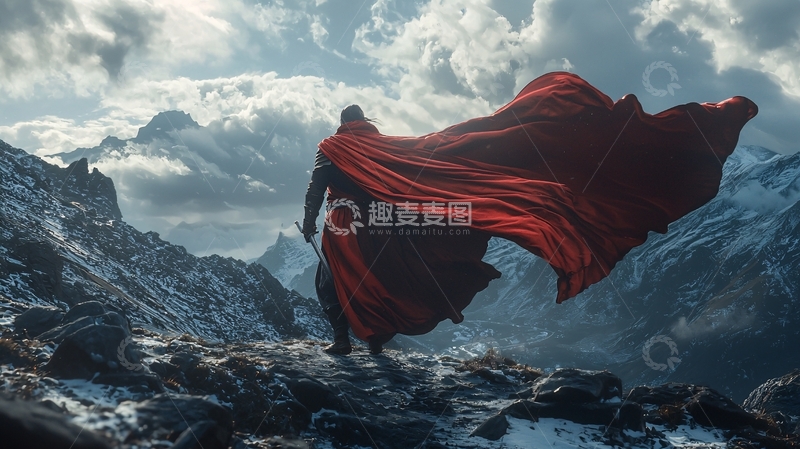 高清大图下载【趣麦麦图】红披风男子山峰远眺
