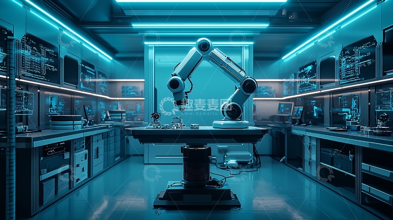 高清大图下载【趣麦麦图】蓝色灯光下的机械臂操作台