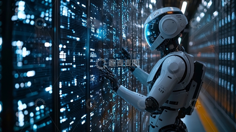 高清大图下载【趣麦麦图】机器人触碰蓝色发光屏幕