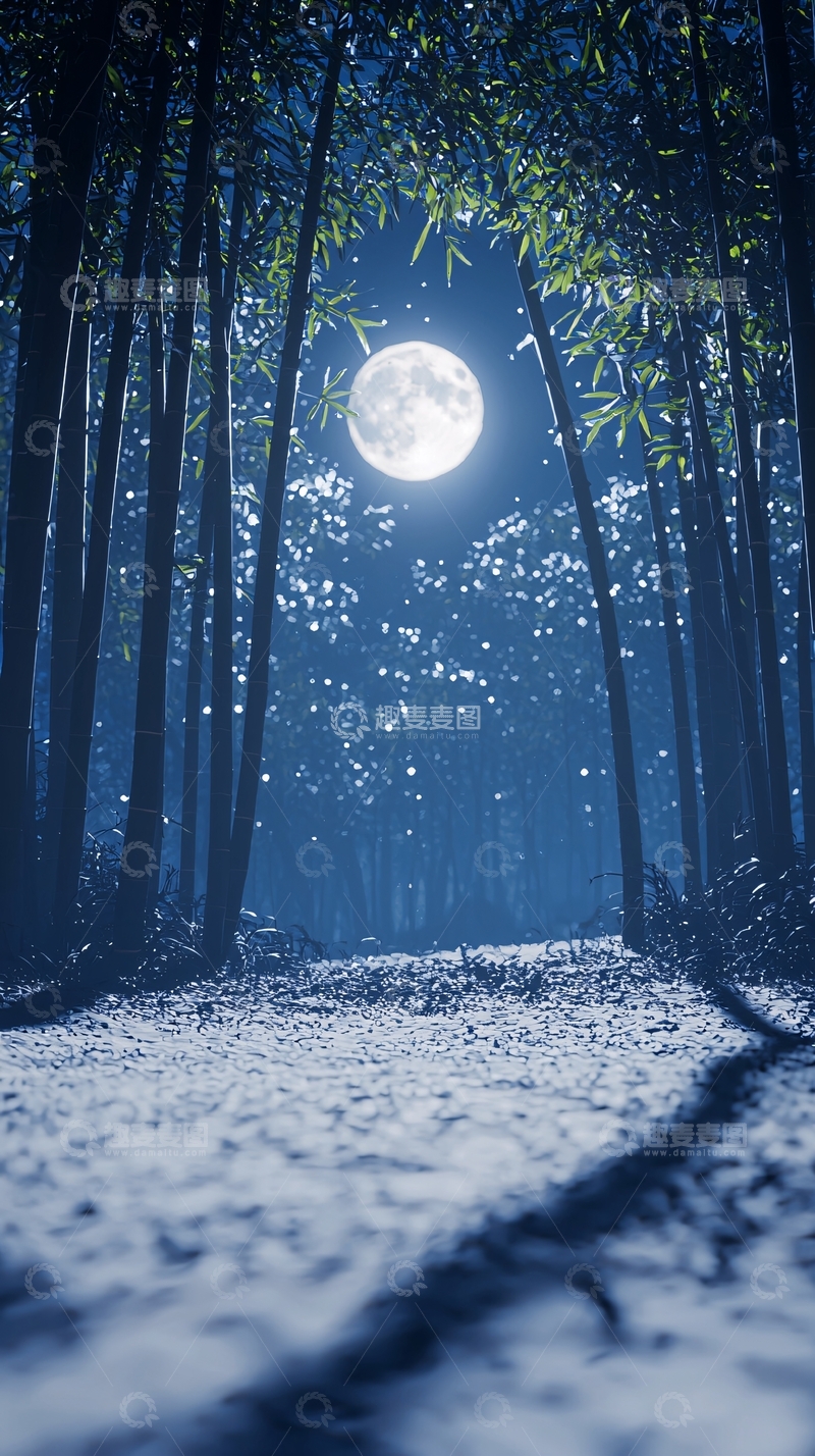 高清大图下载【趣麦麦图】月夜竹林雪景