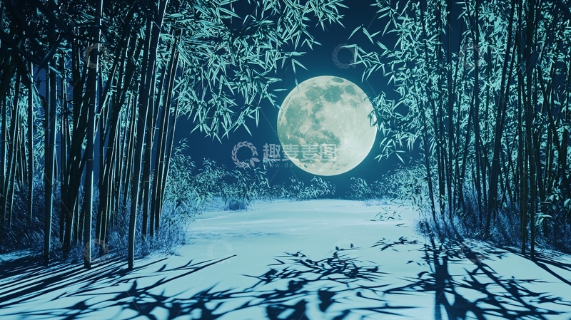 高清大图下载【趣麦麦图】冬夜竹林满月雪景