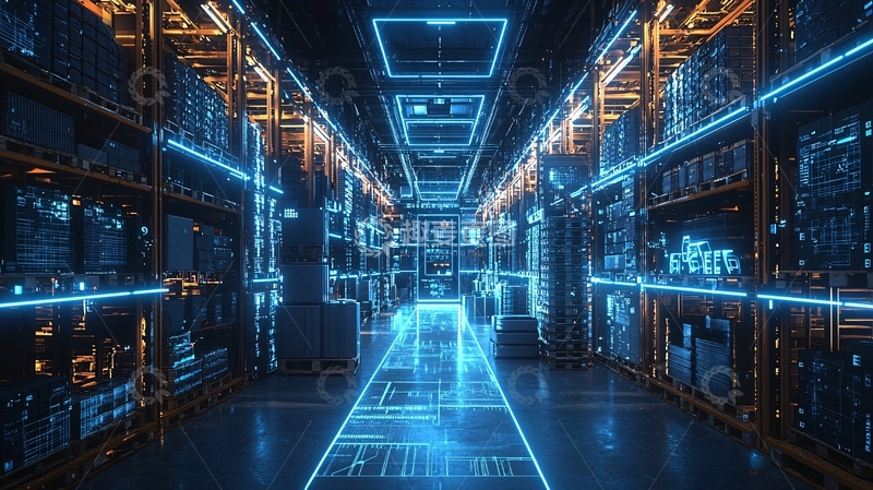 高清大图下载【趣麦麦图】蓝色科技感仓库内部