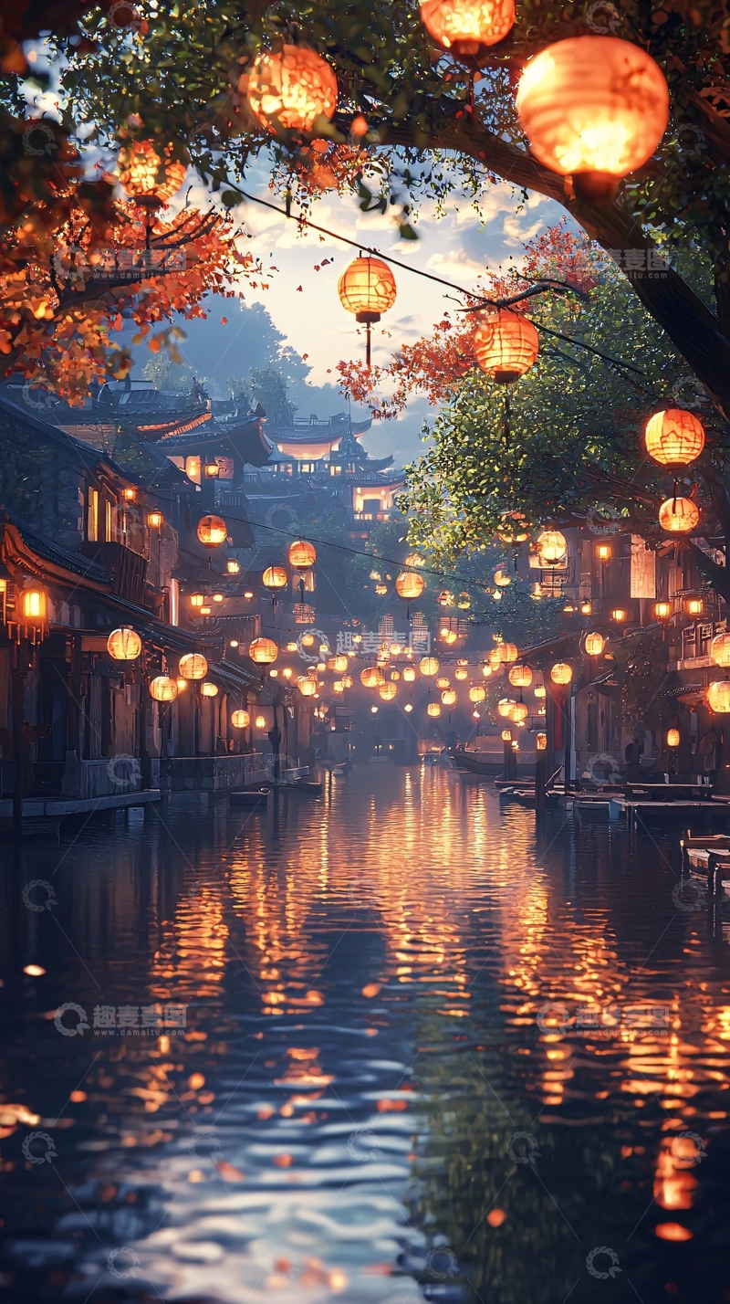 高清大图下载【趣麦麦图】古镇夜景