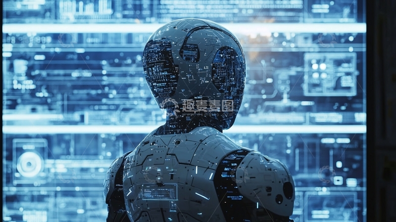 高清大图下载【趣麦麦图】机器人站在蓝色屏幕前