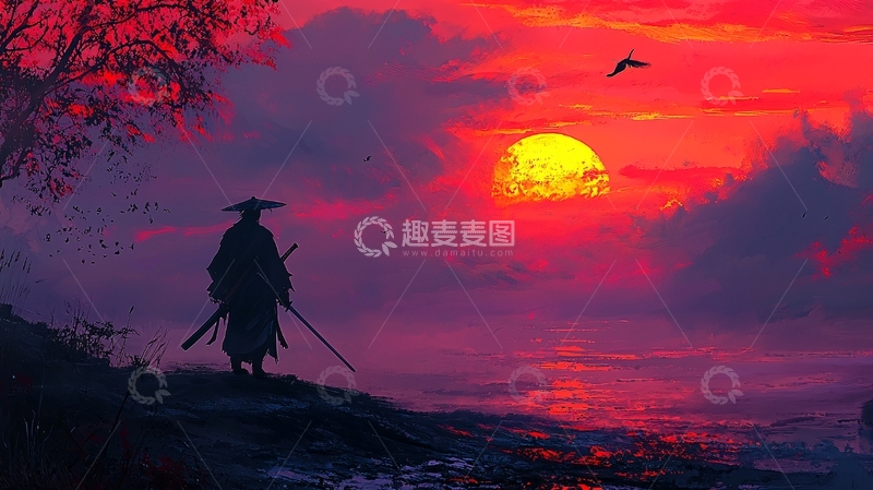 高清大图下载【趣麦麦图】武士落日剪影