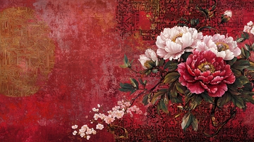 红底牡丹花卉图