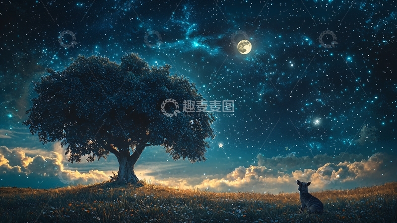 高清大图下载【趣麦麦图】星空下的树与狗