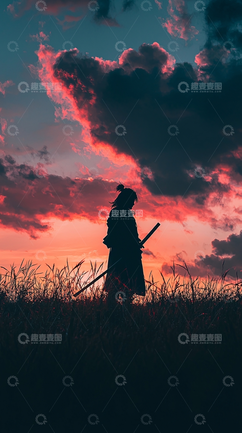 高清大图下载【趣麦麦图】落日武士剪影