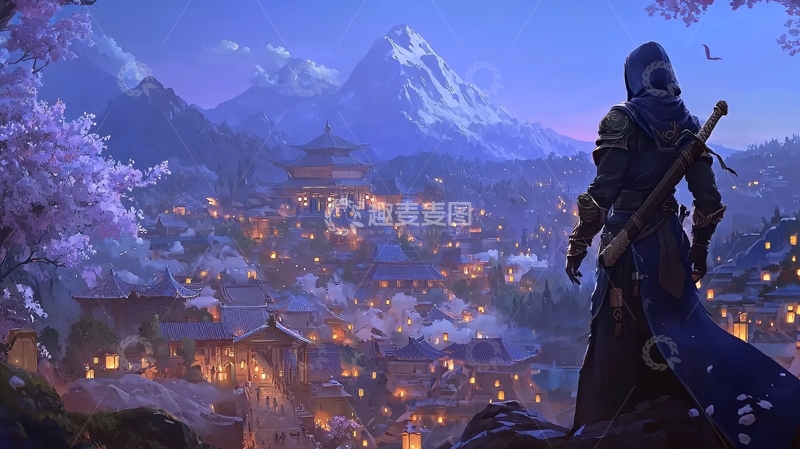 高清大图下载【趣麦麦图】雪山下的夜晚小镇