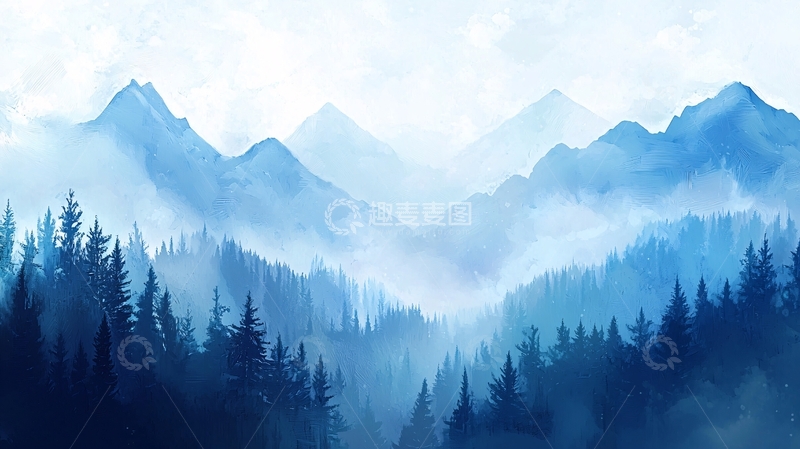高清大图下载【趣麦麦图】水墨蓝调山脉森林