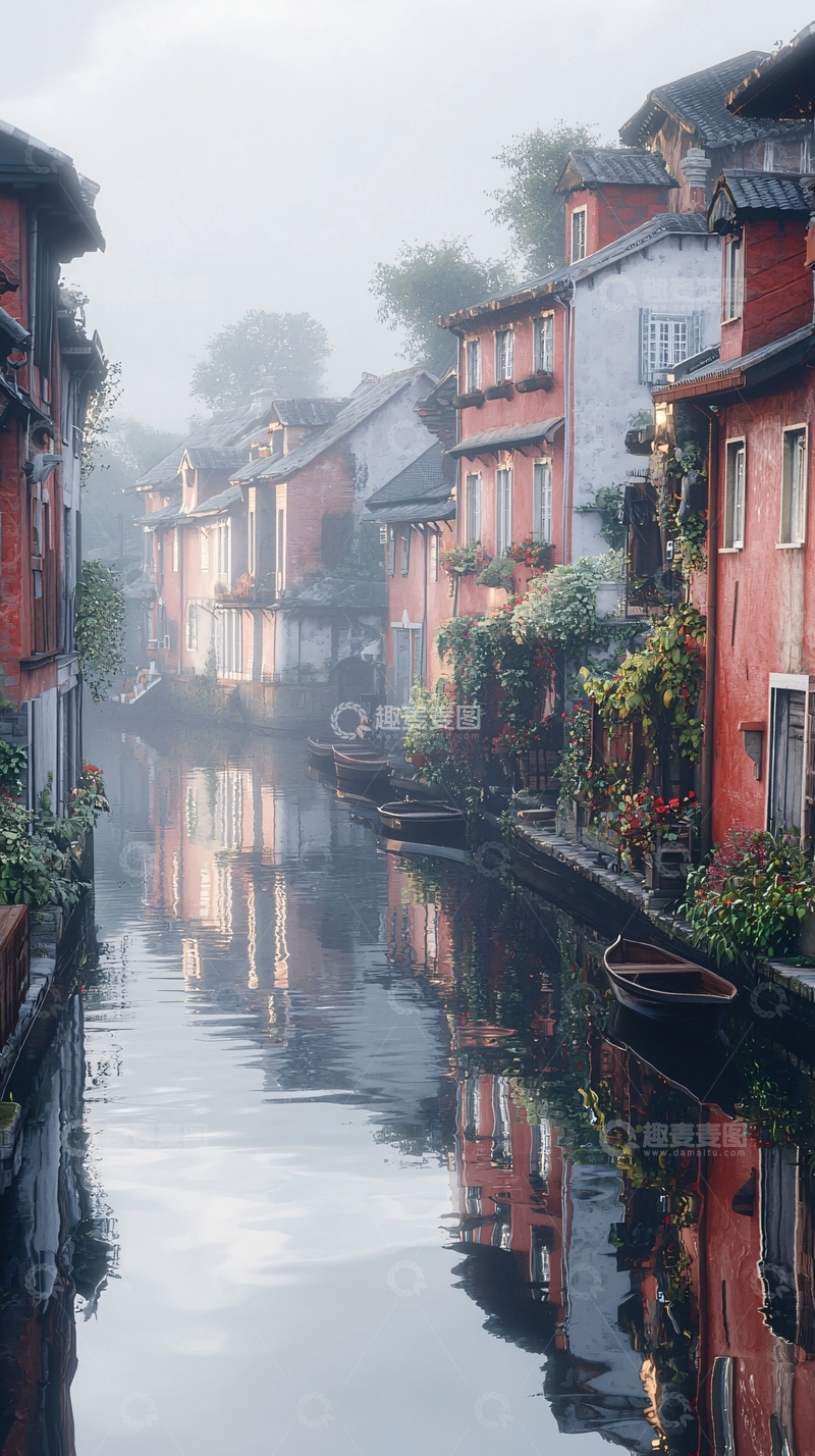 高清大图下载【趣麦麦图】雾气朦胧的水乡古镇