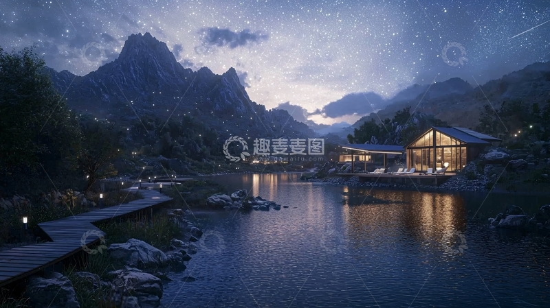 高清大图下载【趣麦麦图】星空下的湖边木屋