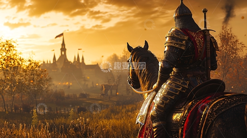 高清大图下载【趣麦麦图】落日余晖下的骑士与城堡