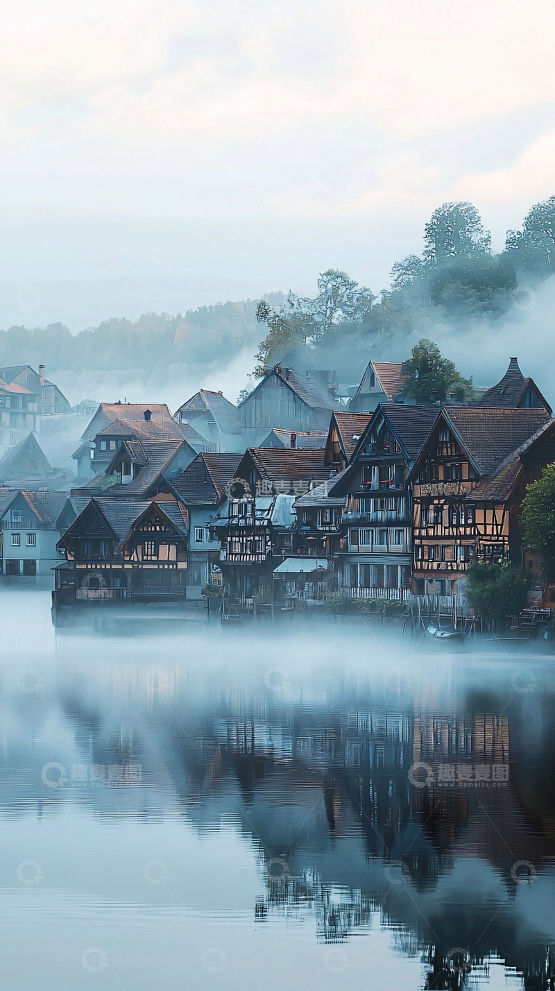 高清大图下载【趣麦麦图】雾气弥漫的湖边小镇