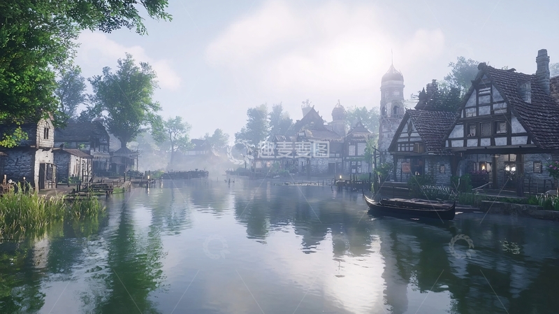 高清大图下载【趣麦麦图】清晨小镇运河景色